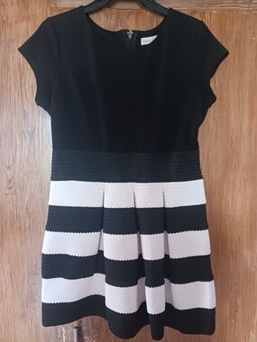 Girls Black and White Striped Fit & Flare Dress